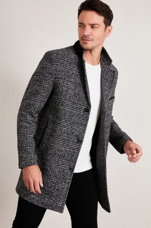 Normal Kalıp Tek Yırtmaçlı Düğmeli Mono Yaka Kaşe Kaban Erkek KABAN 5840098-Siyah Ekoseli - 3