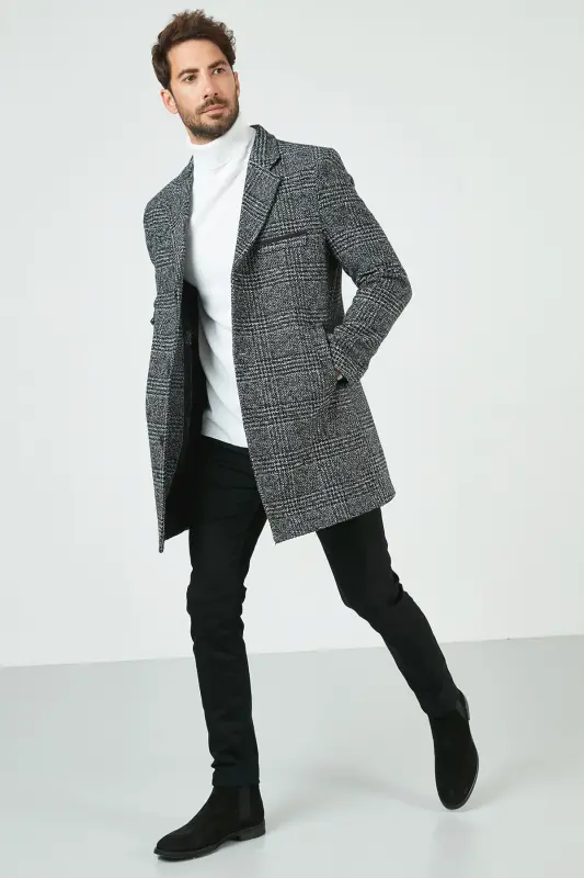 Normal Kalıp Tek Yırtmaçlı Düğmeli Mono Yaka Kaşe Kaban Erkek KABAN 5840098-Siyah Ekoseli - 4