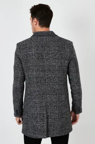 Normal Kalıp Tek Yırtmaçlı Düğmeli Mono Yaka Kaşe Kaban Erkek KABAN 5840098-Siyah Ekoseli - 6