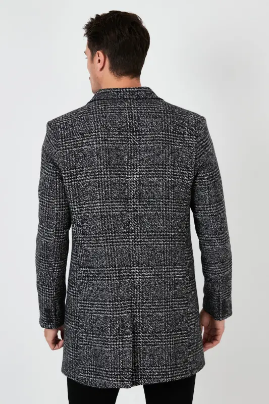 Normal Kalıp Tek Yırtmaçlı Düğmeli Mono Yaka Kaşe Kaban Erkek KABAN 5840098-Siyah Ekoseli - 6