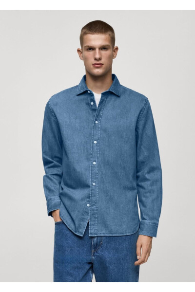 Normal Kesim Denim Gömlek-Donuk Mavi 