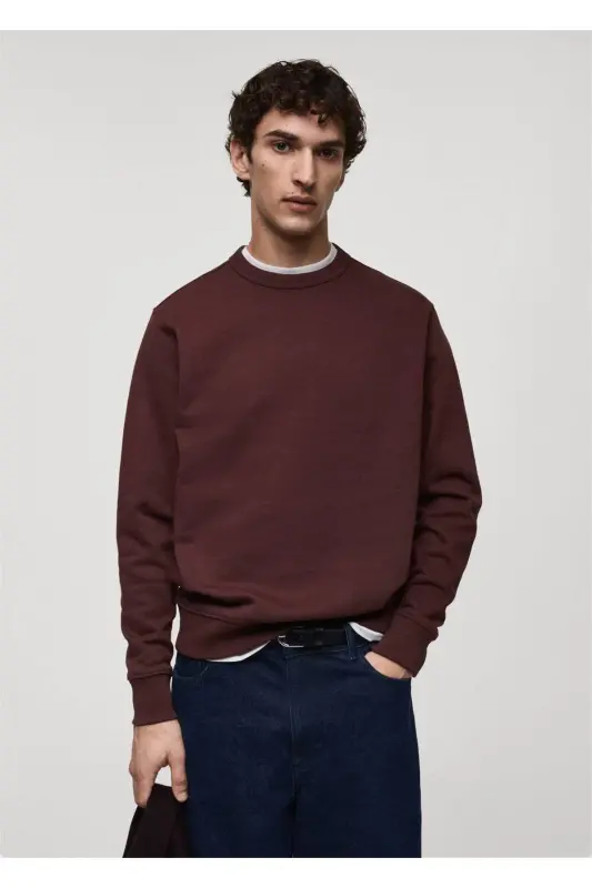Normal kesim pamuklu sweatshirt-Bordo Rengi - MANGO MAN