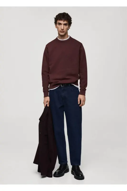 Normal kesim pamuklu sweatshirt-Bordo Rengi - 2