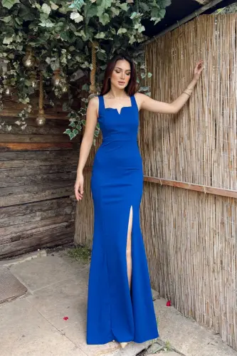 North Collar V Detail Slit Evening Dress 582840 - SINDIMODA (1)