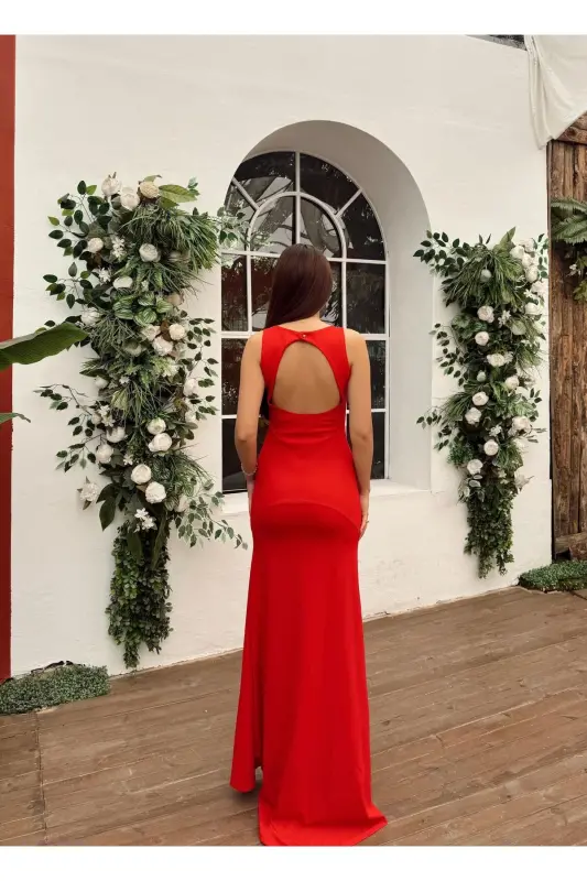 North Collar V Detail Slit Evening Dress 582840-RED - 3