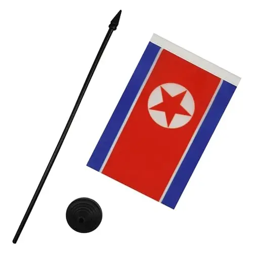 North Korea Table Flag 4'' x 6'' - North Korean Desk Flag 15 x 10 cm. - Black plastic stick and base - AZ FLAG - 3