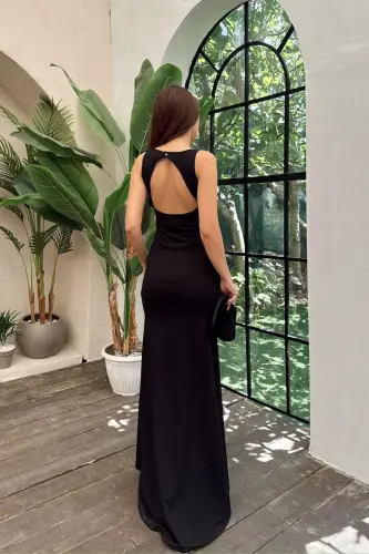 North Neck V Detail Slit Evening Dress 582840 - 4