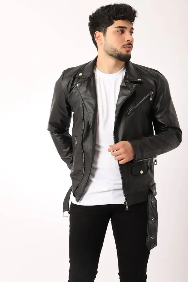 North Waist Belt Faux Leather Jacket Bl 1261-50268 - 2