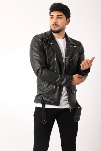 North Waist Belt Faux Leather Jacket Bl 1261-50268 - 3