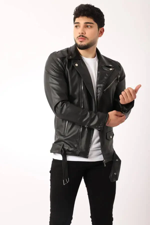 North Waist Belt Faux Leather Jacket Bl 1261-50268 - 3