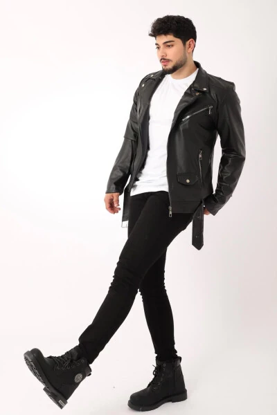 North Waist Belt Faux Leather Jacket Bl 1261-50268 - 4