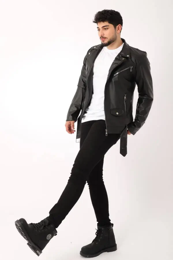 North Waist Belt Faux Leather Jacket Bl 1261-50268 - 4