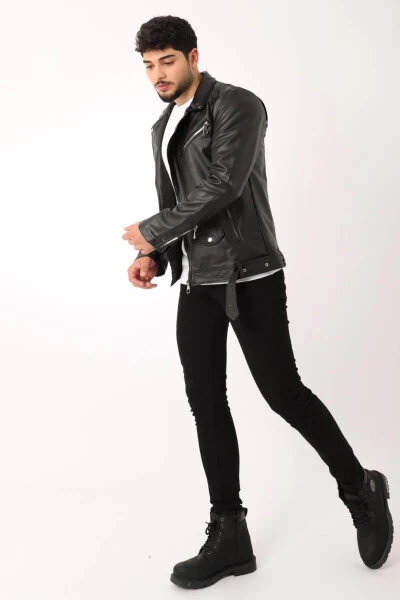 North Waist Belt Faux Leather Jacket Bl 1261-50268 - 5