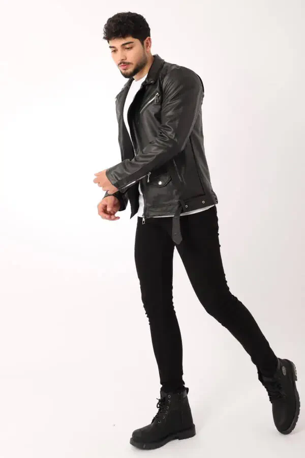 North Waist Belt Faux Leather Jacket Bl 1261-50268 - 5