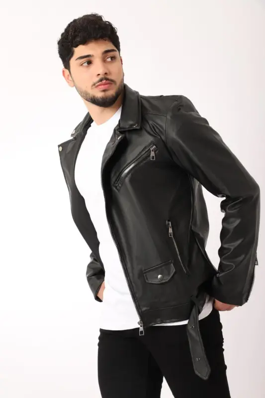 North Waist Belt Faux Leather Jacket Bl 1261-50268 - 1