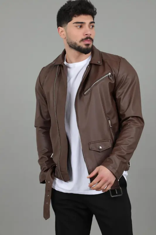North Waist Belted Faux Leather Jacket BL 1261-50268 - BROWN - 1
