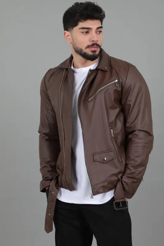 North Waist Belted Faux Leather Jacket BL 1261-50268 - BROWN - 3