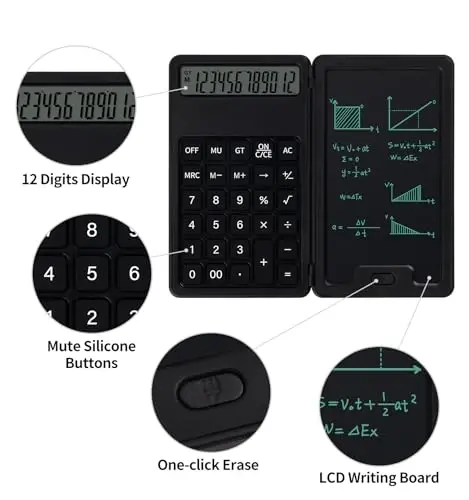 Desk Portable Basic Calculator with Notepad and Stylus, 12 Digit Large Display Multi-Function for Office, School, Home & Basic Financial (Black) - 3