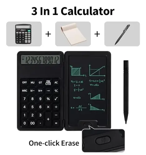 Desk Portable Basic Calculator, Small Mini Calculators with Writing Notepad and Stylus, More Lightweight and Portable, 12Digit Large Display Multi-Function for Office, School, Home & Financial (Black) - PINDDA (1)