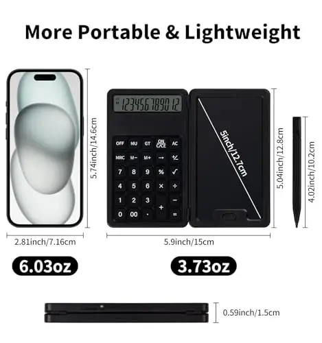 Desk Portable Basic Calculator, Small Mini Calculators with Writing Notepad and Stylus, More Lightweight and Portable, 12Digit Large Display Multi-Function for Office, School, Home & Financial (Black) - 5