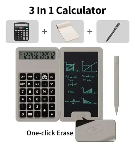 Desk Portable Basic Calculator with Notepad and Stylus, 12 Digit Large Display Multi-Function for Office, School, Home & Basic Financial (Khaki) - PINDDA (1)