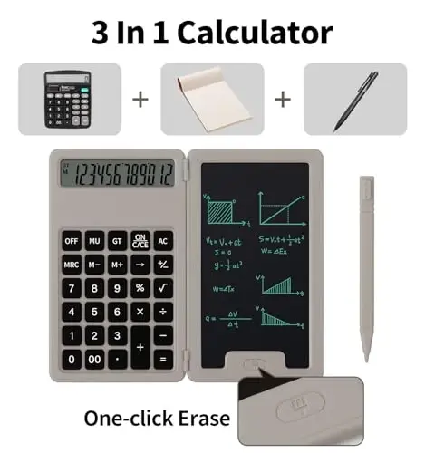 Desk Portable Basic Calculator with Notepad and Stylus, 12 Digit Large Display Multi-Function for Office, School, Home & Basic Financial (Khaki) - 2