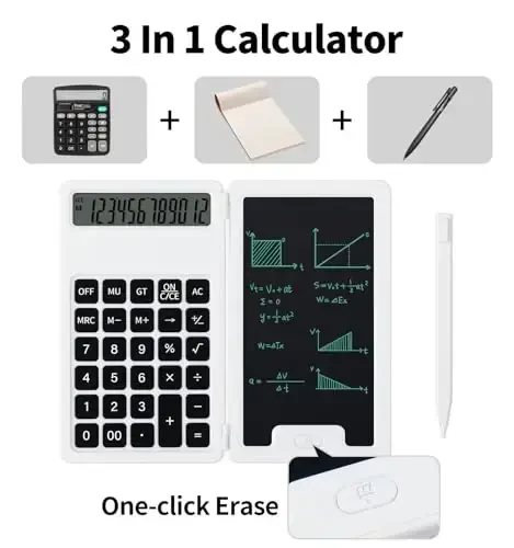 Desk Portable Basic Calculator with Notepad and Stylus, 12 Digit Large Display Multi-Function for Office, School, Home & Basic Financial (White) - PINDDA (1)