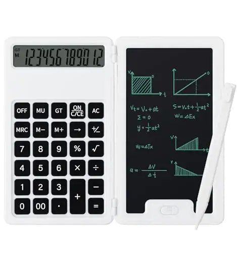 Desk Portable Basic Calculator, Small Mini Calculators with Writing Notepad and Stylus, More Lightweight and Portable, 12Digit Large Display Multi-Function for Office, School, Home & Financial (White) 