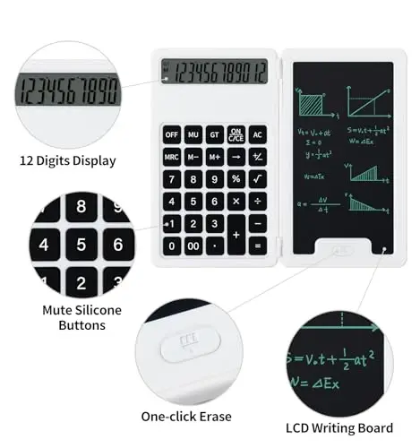 Desk Portable Basic Calculator, Small Mini Calculators with Writing Notepad and Stylus, More Lightweight and Portable, 12Digit Large Display Multi-Function for Office, School, Home & Financial (White) - 3