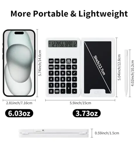 Desk Portable Basic Calculator, Small Mini Calculators with Writing Notepad and Stylus, More Lightweight and Portable, 12Digit Large Display Multi-Function for Office, School, Home & Financial (White) - 5