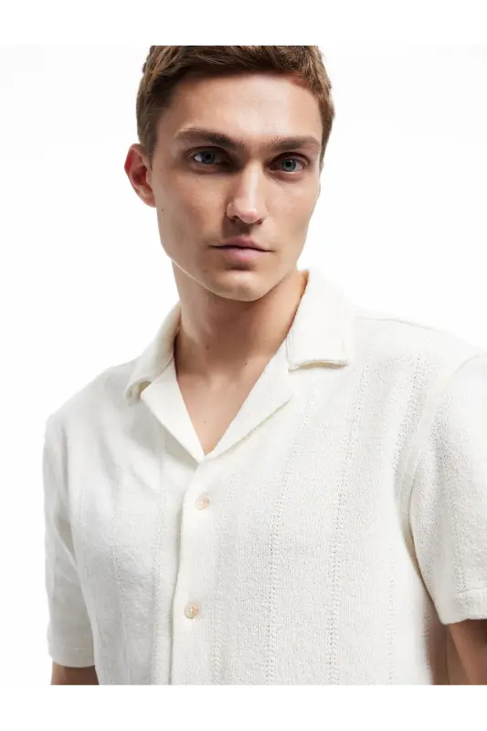 Notch Collar Regular Fit Terry Cotton Short Sleeve Shirt-Ecru - 2