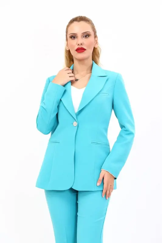 Notch Lapel Single Button Classic Jacket-Turquoise - Turquoise - 1
