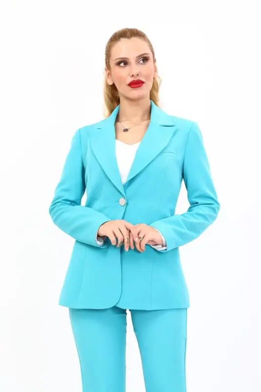 Notch Lapel Single Button Classic Jacket-Turquoise - Turquoise - 5