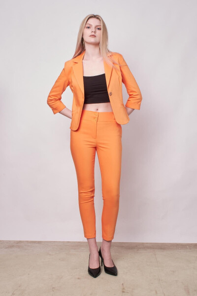 Notched Flap Pocket Capri Bishop Sleeve Short Blazer Lightweight Cotton Blend Fabric Jacket - mango - 5