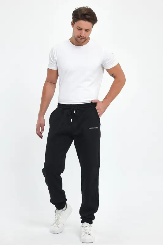 Note To Baskılı Regular Kışlık 3 İplik Şardonlu Lastikli Paça Siyah Jogger Eşofman Altı RF0416 - Siyah - 4