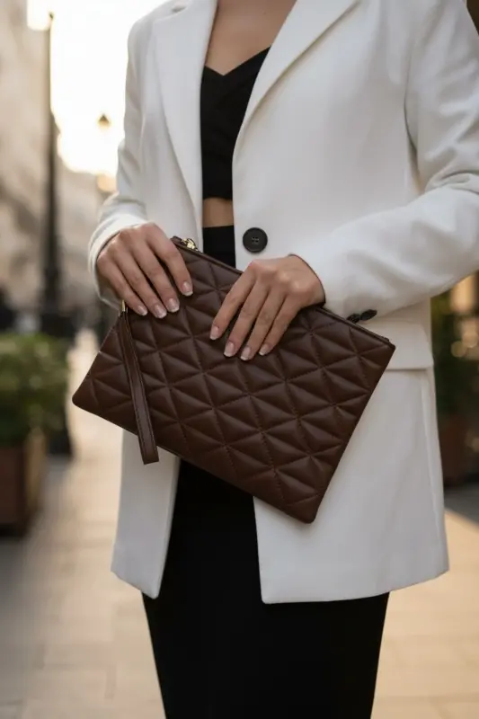 Notte Acı kahve Üçgen Desenli Portföy Clutch El Çantası-Acı Kahverengi - 1