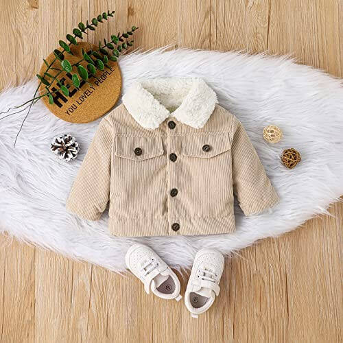 Noubeau Baby Boys Girls Corduroy Jacket Kids Toddler Sherpa Lined Top Lapel Button Down Thicked Warm Coat Winter Outerwear - 2