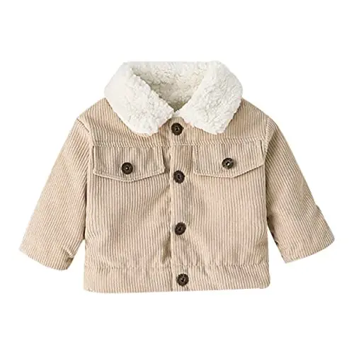Noubeau Baby Boys Girls Corduroy Jacket Kids Toddler Sherpa Lined Top Lapel Button Down Thicked Warm Coat Winter Outerwear - NOUBEAU