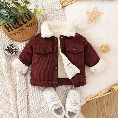 Noubeau Baby Boys Girls Corduroy Jacket Kids Toddler Lined Top Lapel Button Down Thicked Warm Coat Winter Outerwear - 3