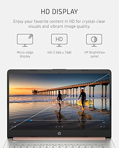 Ноутбук HP 14, Intel Celeron N4020, 4 ГБ ОЗУ, 64 ГБ хранилища, 14-дюймовый HD-дисплей с микрорамкой, Windows 11 Home, тонкий и портативный, 4K-графика, один год Microsoft 365 (14-dq0030nr, бледно-розовое золото) - 4