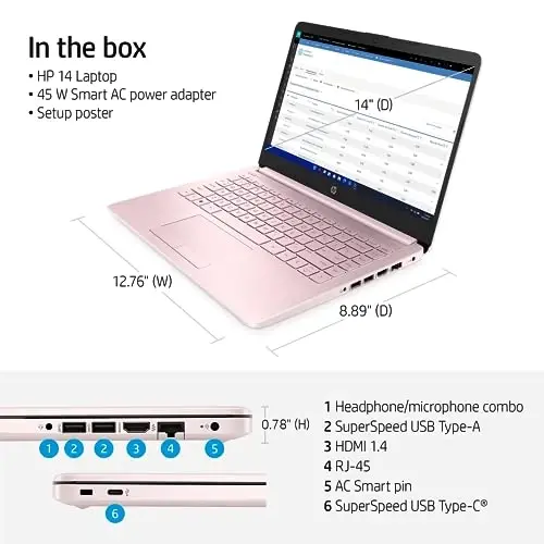 Ноутбук HP Essential, 14-дюймовый HD-дисплей, Intel Celeron N150, 8 ГБ ОЗУ, 128 ГБ eMMC, Веб-камера, HDMI, Wi-Fi, RJ-45, 1 год Office 365, Windows 11 Домашняя, Розовый - 3