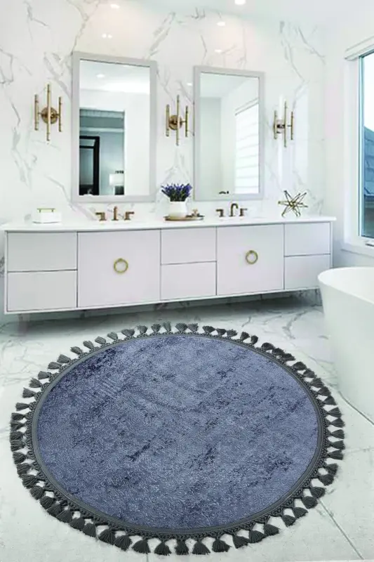 Nova Antrasit Yuvarlak 100x100 Cm Ponpon Saçaklı Kaymaz Tabanlı Makinede Yıkanabilir Banyo Paspası-Antrasit - 1