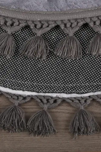 Nova Antrasit Yuvarlak 100x100 Cm Ponpon Saçaklı Kaymaz Tabanlı Makinede Yıkanabilir Banyo Paspası-Antrasit - 4