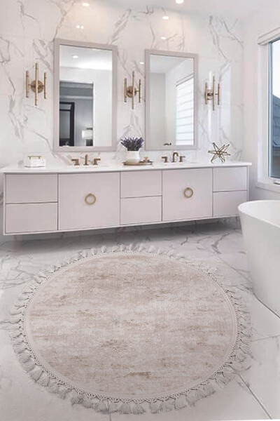 Nova Cream Round 100x100 cm Pompom Tasselled Non-Slip Machine Washable Bath Mat - BONNY HOME