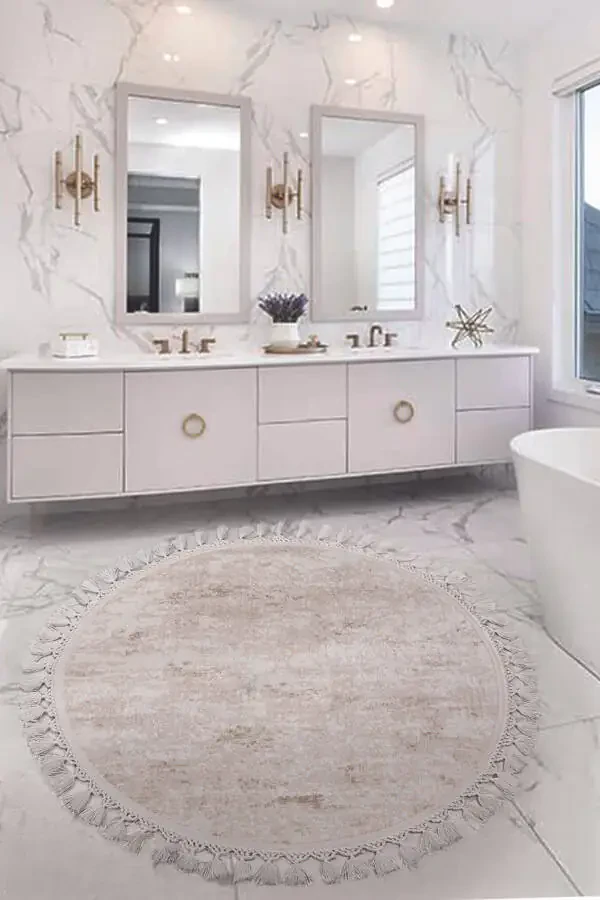 Nova Cream Round 100x100 cm Pompom Tasselled Non-Slip Machine Washable Bath Mat - 1