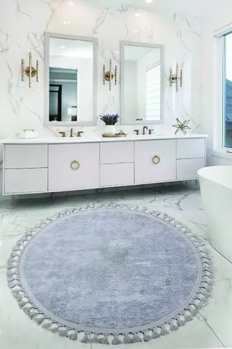 Nova Gri Yuvarlak 100x100 Cm Ponpon Saçaklı Kaymaz Tabanlı Makinede Yıkanabilir Banyo Paspası-Gri 