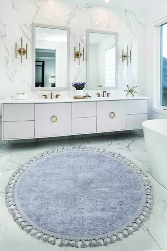 Nova Gri Yuvarlak 100x100 Cm Ponpon Saçaklı Kaymaz Tabanlı Makinede Yıkanabilir Banyo Paspası-Gri - 1