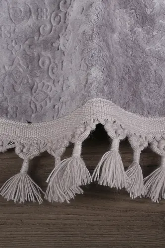 Nova Gri Yuvarlak 100x100 Cm Ponpon Saçaklı Kaymaz Tabanlı Makinede Yıkanabilir Banyo Paspası-Gri - 3