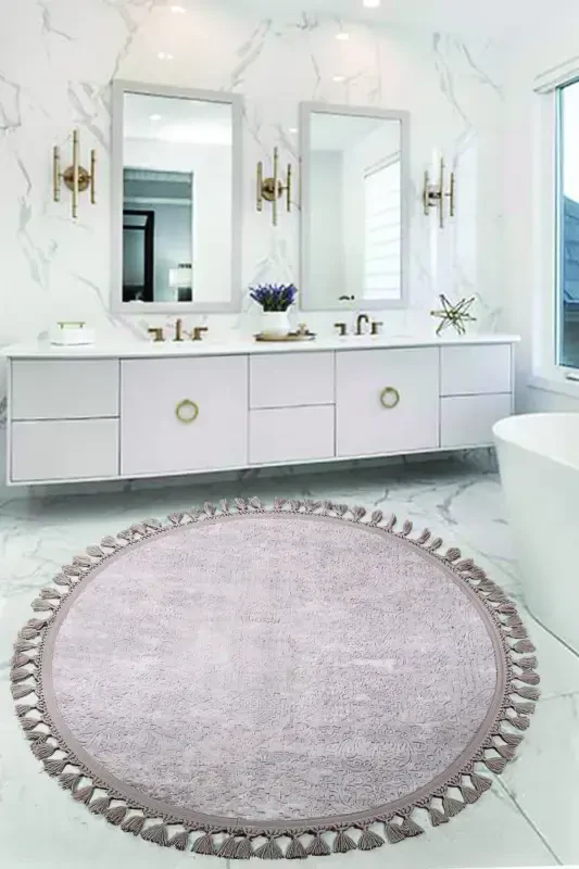 Nova Kahve Yuvarlak 100x100 Cm Ponpon Saçaklı Kaymaz Tabanlı Makinede Yıkanabilir Banyo Paspası-Kahve - BONNY HOME
