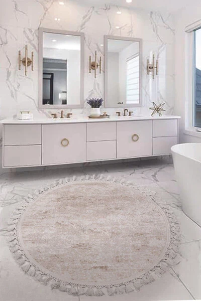 Nova Krem Yumaloq 100x100 sm Pomponli Sholcha Ustanmasli Mashinada Yuvish Mumkin Hammam gilamcha - Modazone